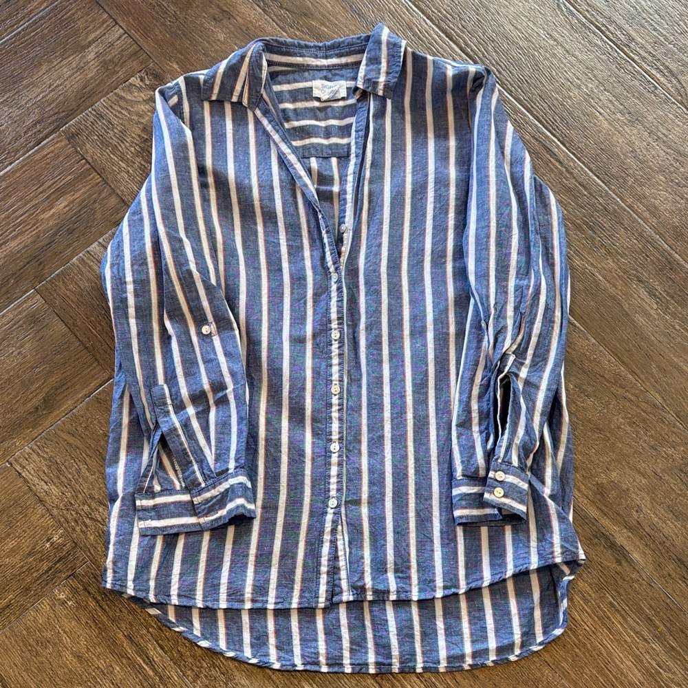 Sigrid Olsen Blue and White Striped Linen Button-Down Shirt